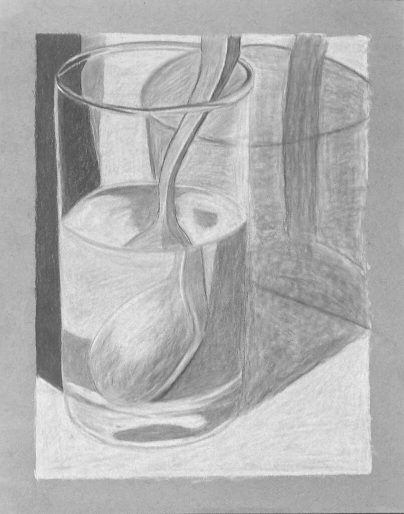 Graphite drawing of a spoon in a glass of water.