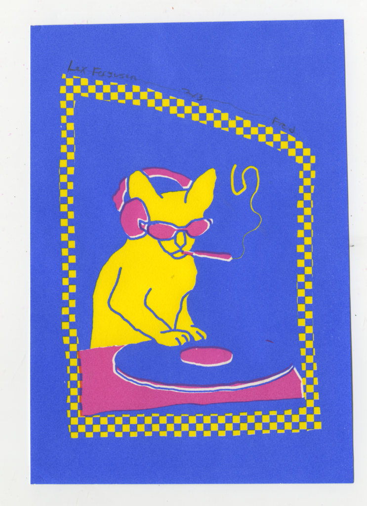 Silkscreen print of a yellow cat, wearing pink headphones and sunglasses and smoking something, touching a blue record; the cat appears to be a DJ. It is framed in a yellow checkerboard.