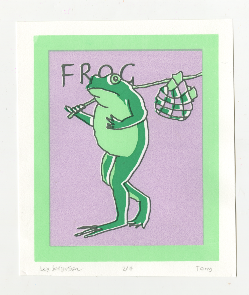 Silkscreen print of a green frog carrying a bindle. Text says "FROG."