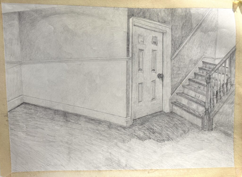 Drawing with graphite, an empty room with a door and staircase.