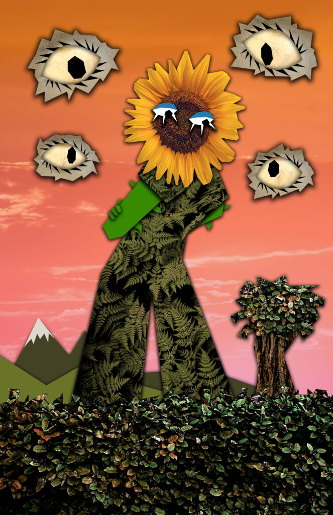 Digital collage of a figure with a sunflower head being watched by several giant eyes.