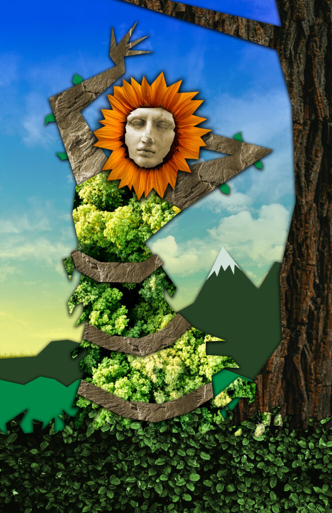 Digital collage of a figure with stone arms and mask, with a sunflower for a head.