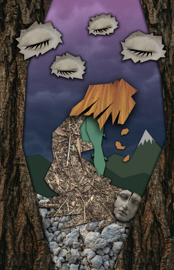 Digital collage of a figure with a wilted flower head. Four eyes float in the sky, closed.
