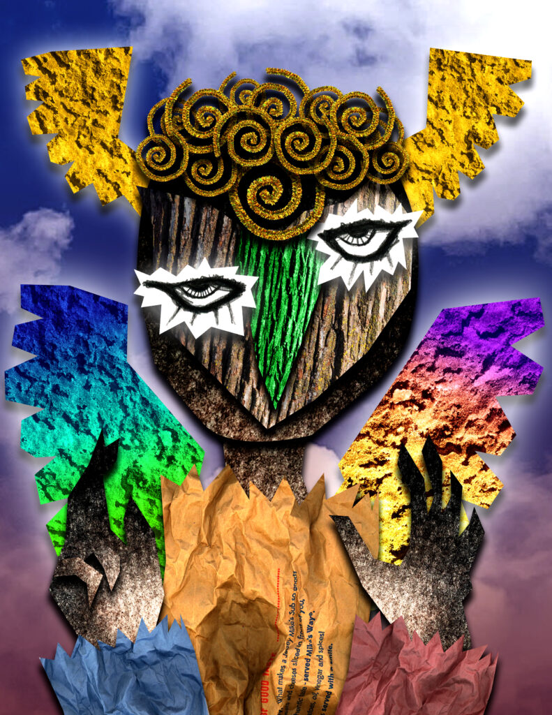 Photoshop collage a humanoid figure with textured, multicolor wings, two of which are coming out of their head. It wears a mask that looks like tree bark, its hair is made of golden pipe cleaners, and its clothing looks like crumpled paper bags.